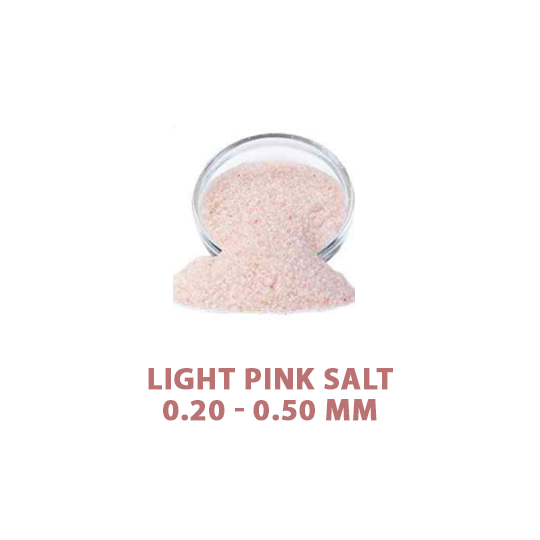 Light pink salt in a small glass container with text indicating size and color on a white background